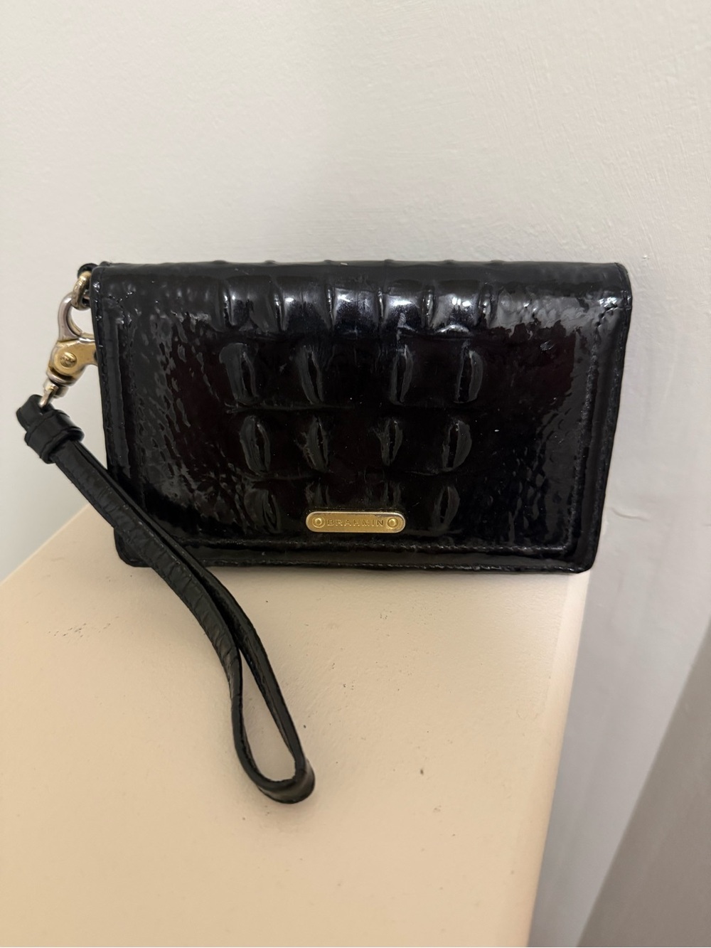 Brahmin Black Patent Croc-Embossed Wristlet
